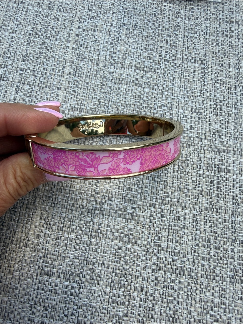 Lilly Pulitzer Pink Floral Enamel and Gold Hinged Bangle